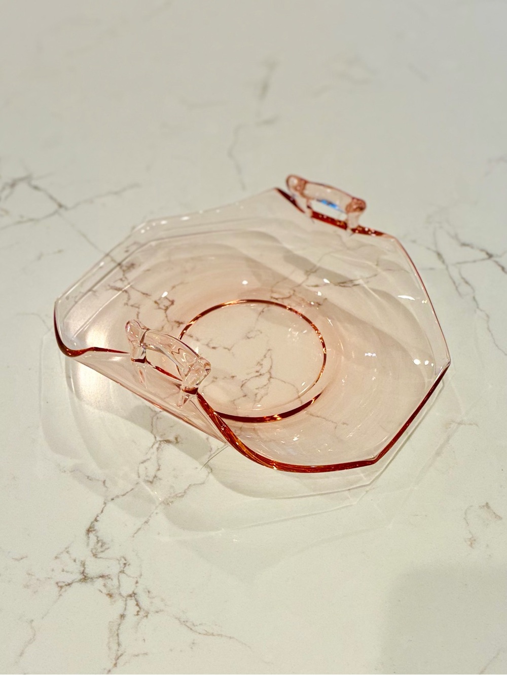 Vintage Pink Depression Glass Handled Bonbon Dish Candy Bowl Relish Tray